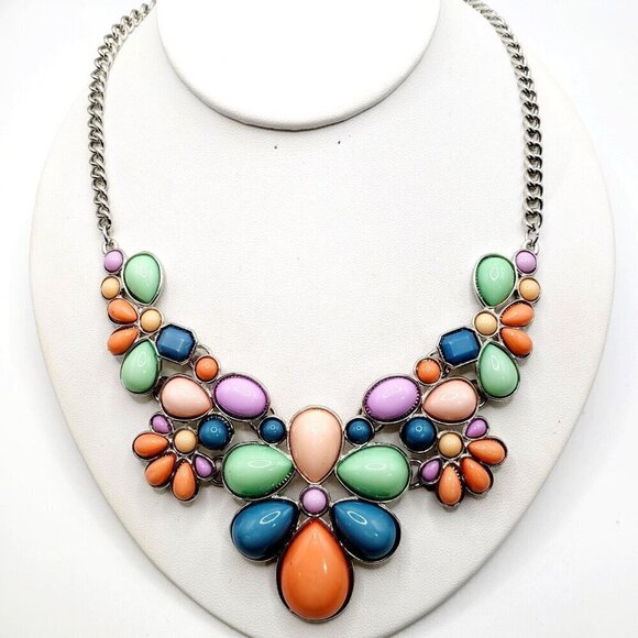 Pastel Statement Necklace Silver Tone Spring Summer Bold 10" Drop & Extender EUC - Picture 1 of 8
